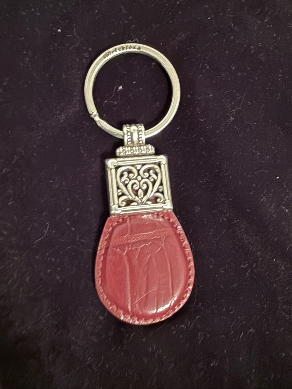 BRIGHTON Elegant Silver Filigree Red Leather Key Fob